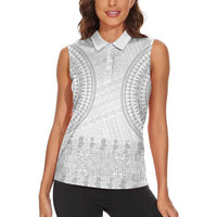 Niue White Sunday Women Sleeveless Polo Shirt Tapu Fanau Ia Puakenikeni Hiapo Pattern - Polynesian Pride