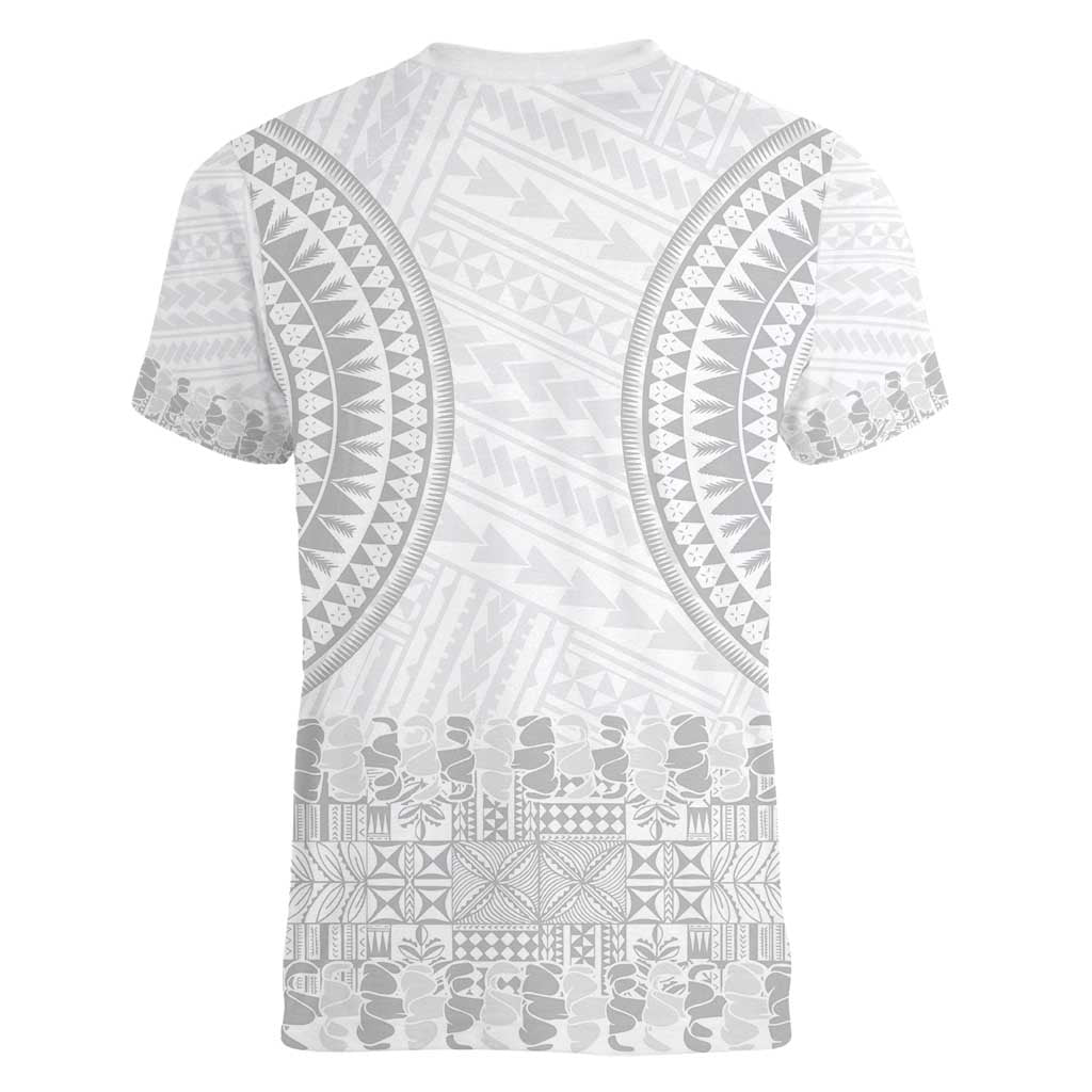 Niue White Sunday Women V-Neck T-Shirt Tapu Fanau Ia Puakenikeni Hiapo Pattern LT14 - Polynesian Pride