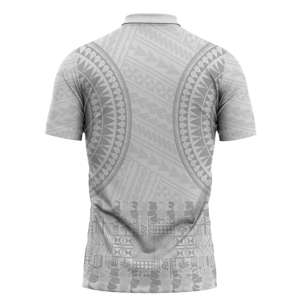 Niue White Sunday Zipper Polo Shirt Tapu Fanau Ia Puakenikeni Hiapo Pattern - Polynesian Pride