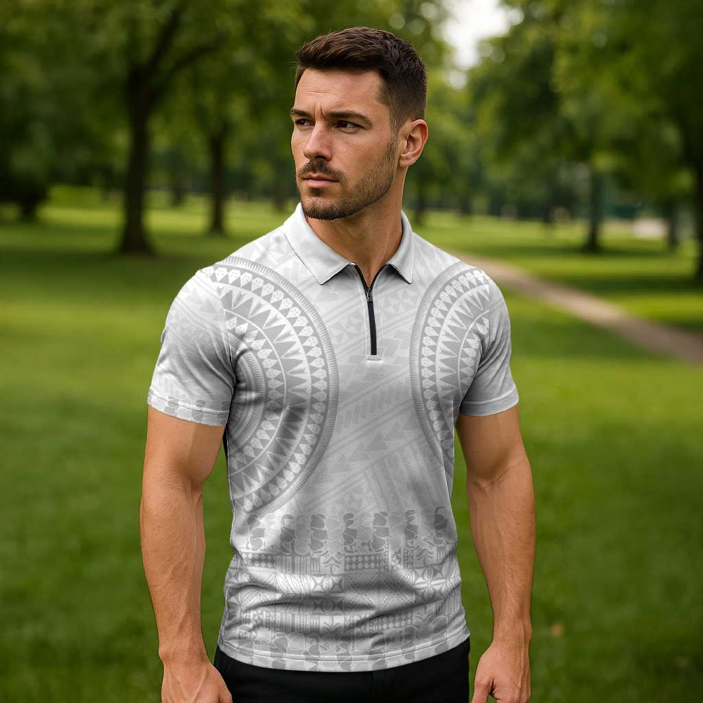 Niue White Sunday Zipper Polo Shirt Tapu Fanau Ia Puakenikeni Hiapo Pattern - Polynesian Pride