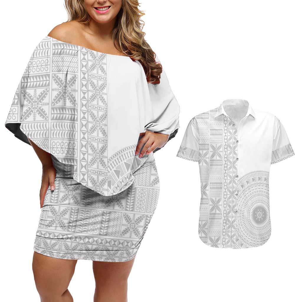 Niue White Sunday Couples Matching Off Shoulder Short Dress and Hawaiian Shirt Half Hiapo Pattern Vibes - Polynesian Pride