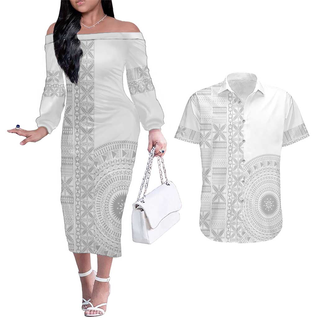 Niue White Sunday Couples Matching Off The Shoulder Long Sleeve Dress and Hawaiian Shirt Half Hiapo Pattern Vibes - Polynesian Pride