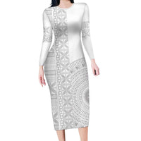 Niue White Sunday Family Matching Long Sleeve Bodycon Dress and Hawaiian Shirt Half Hiapo Pattern Vibes - Polynesian Pride