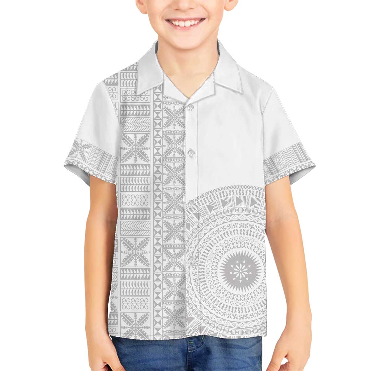 Niue White Sunday Family Matching Off The Shoulder Long Sleeve Dress and Hawaiian Shirt Half Hiapo Pattern Vibes - Polynesian Pride