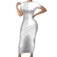 Niue White Sunday Family Matching Short Sleeve Bodycon Dress and Hawaiian Shirt Half Hiapo Pattern Vibes - Polynesian Pride