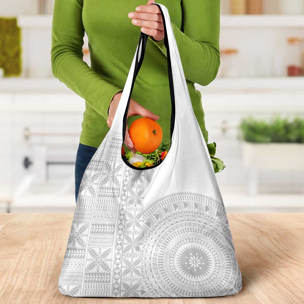 Niue White Sunday Grocery Bag Half Hiapo Pattern Vibes - Polynesian Pride