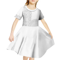 Niue White Sunday Kid Short Sleeve Dress Half Hiapo Pattern Vibes - Polynesian Pride