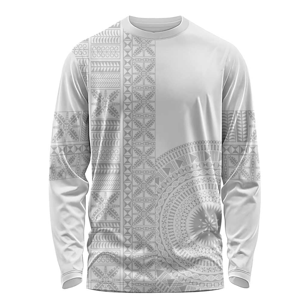 Niue White Sunday Long Sleeve Shirt Half Hiapo Pattern Vibes - Polynesian Pride