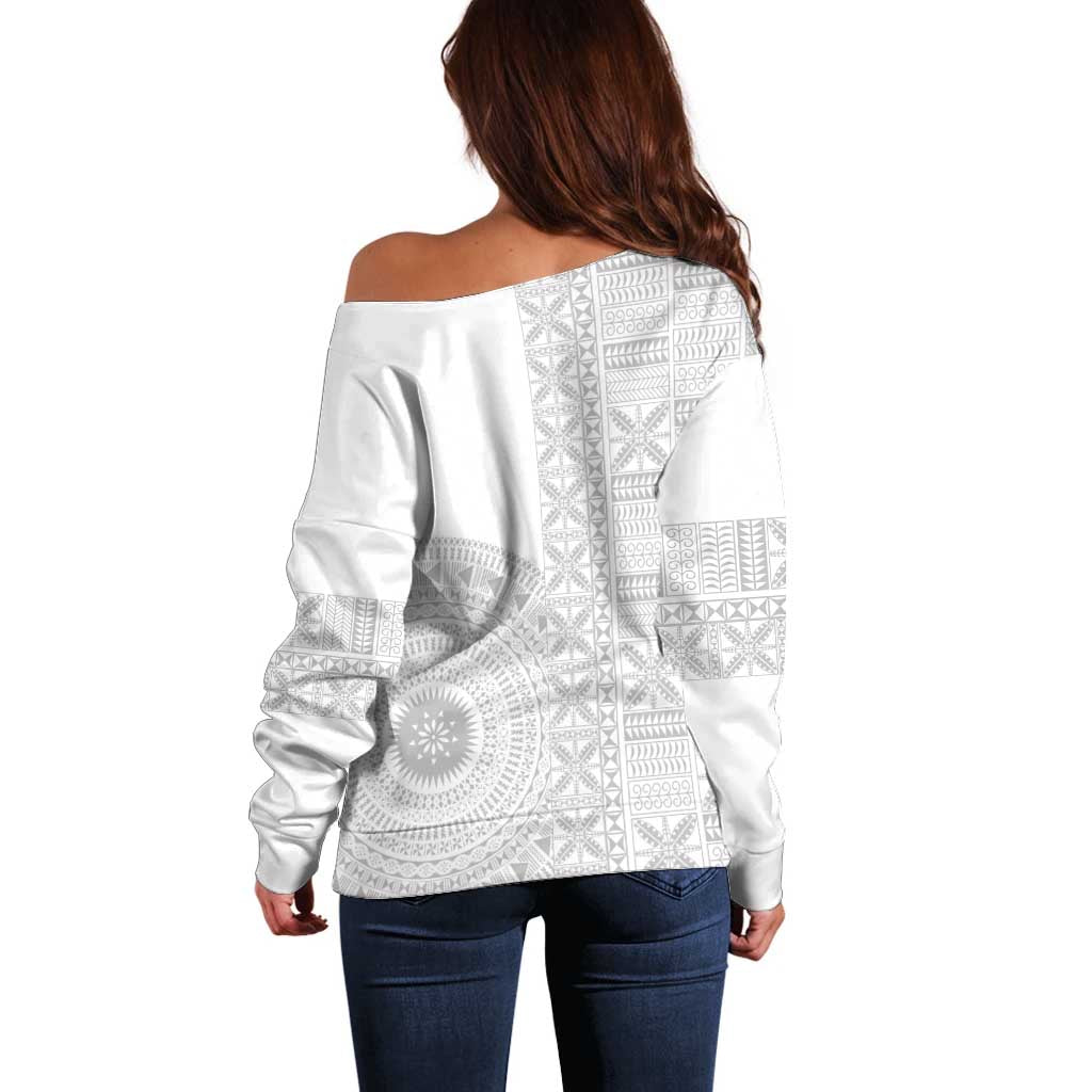 Niue White Sunday Off Shoulder Sweater Half Hiapo Pattern Vibes - Polynesian Pride
