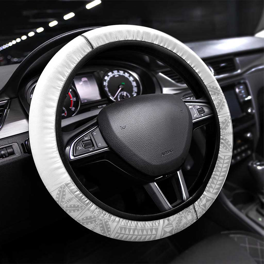 Niue White Sunday Steering Wheel Cover Half Hiapo Pattern Vibes - Polynesian Pride