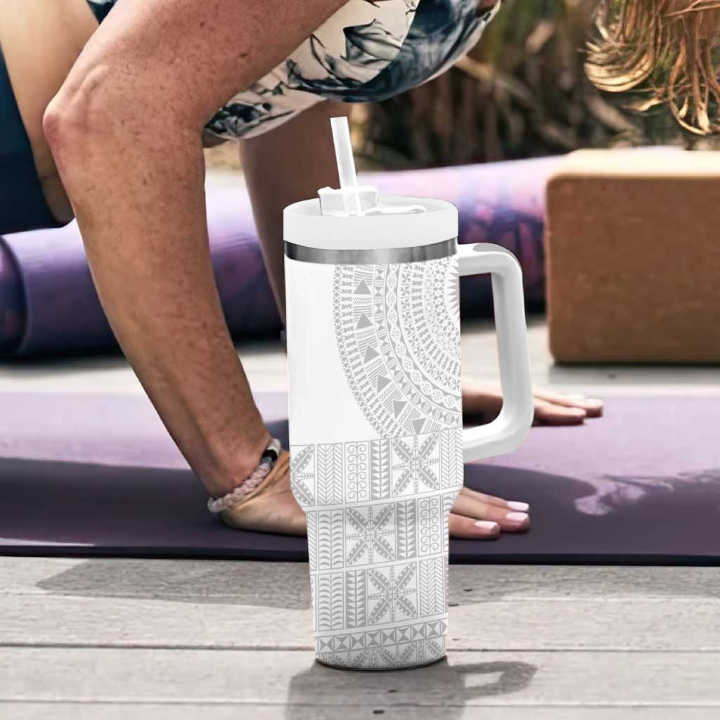 Niue White Sunday Tumbler With Handle Half Hiapo Pattern Vibes - Polynesian Pride