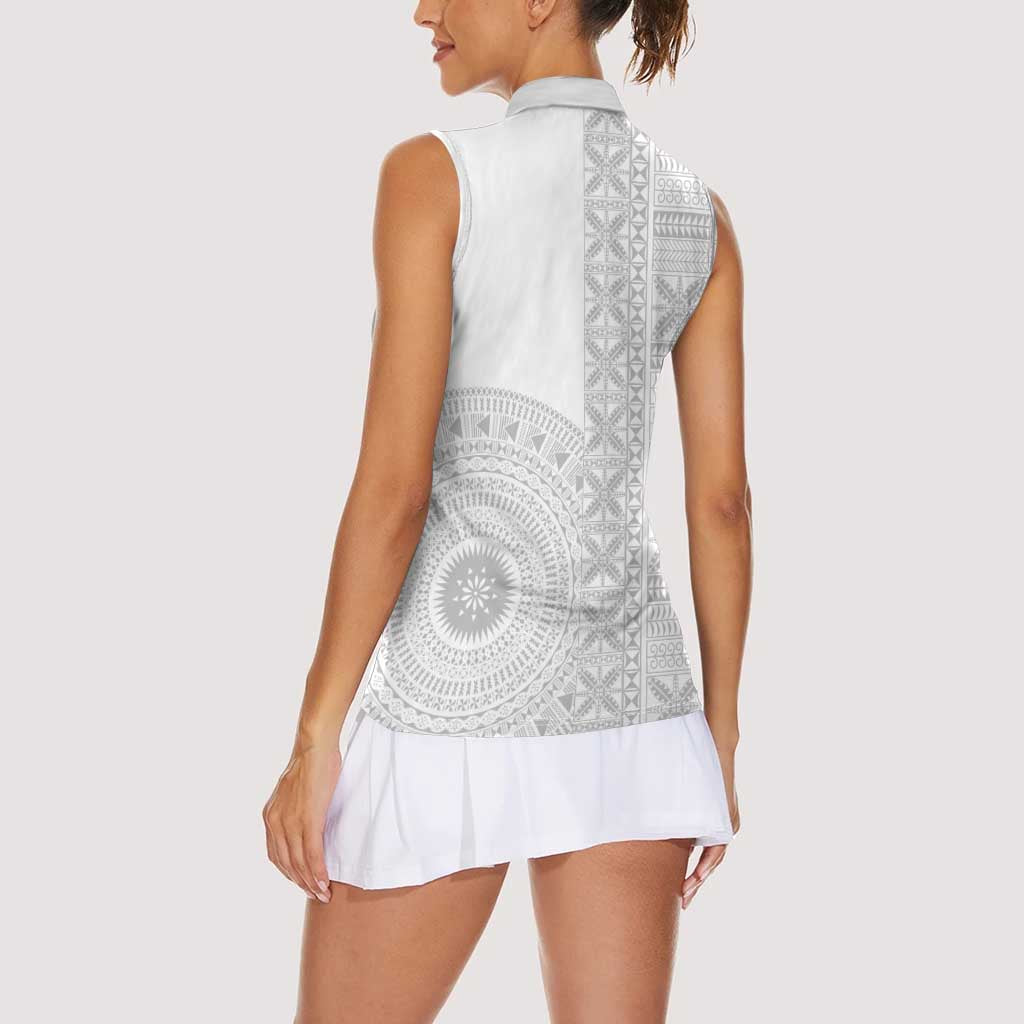 Niue White Sunday Women Sleeveless Polo Shirt Half Hiapo Pattern Vibes - Polynesian Pride
