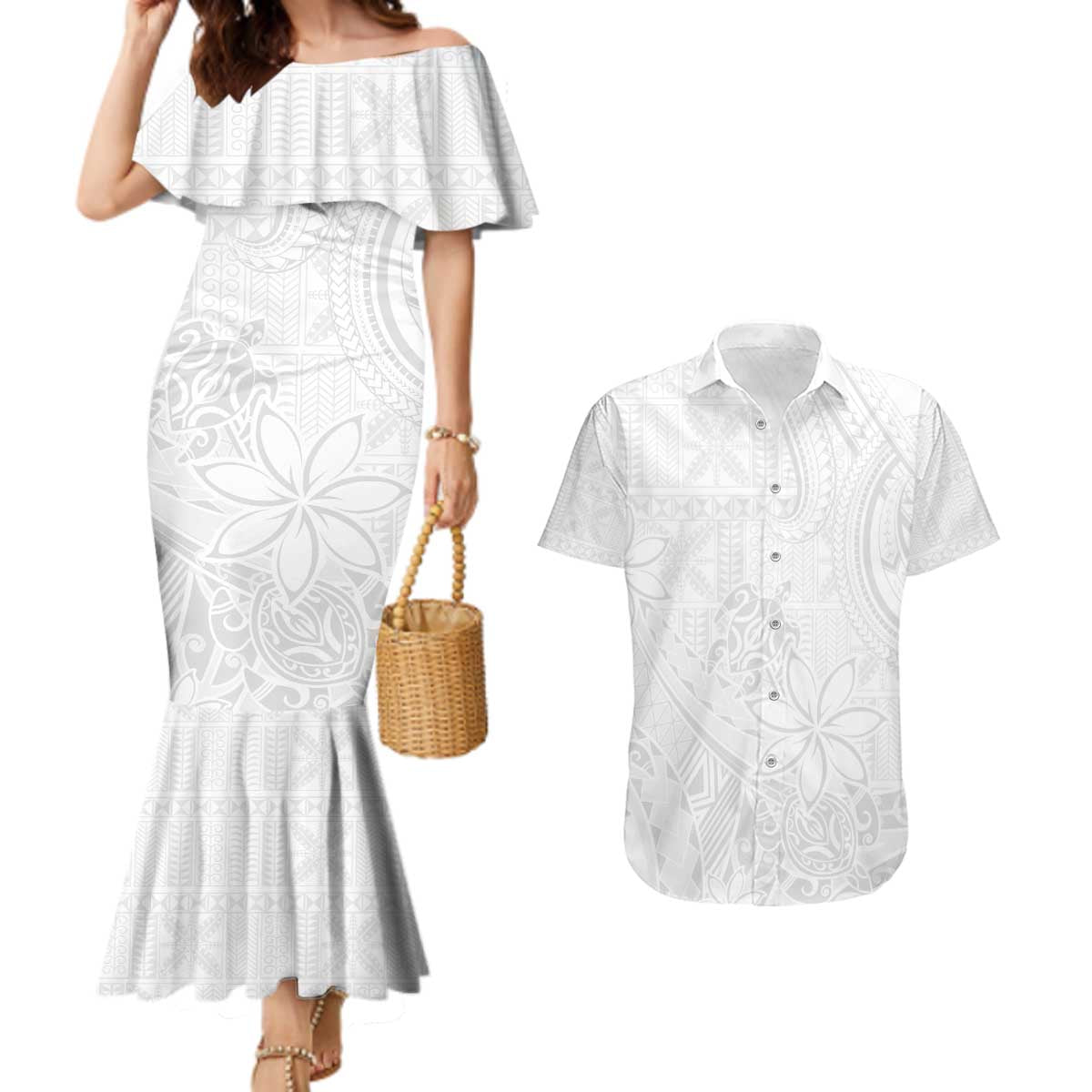 Tapu Fanau Ia Niue Couples Matching Mermaid Dress and Hawaiian Shirt Happy White Sunday Unique Hiapo LT14 White - Polynesian Pride