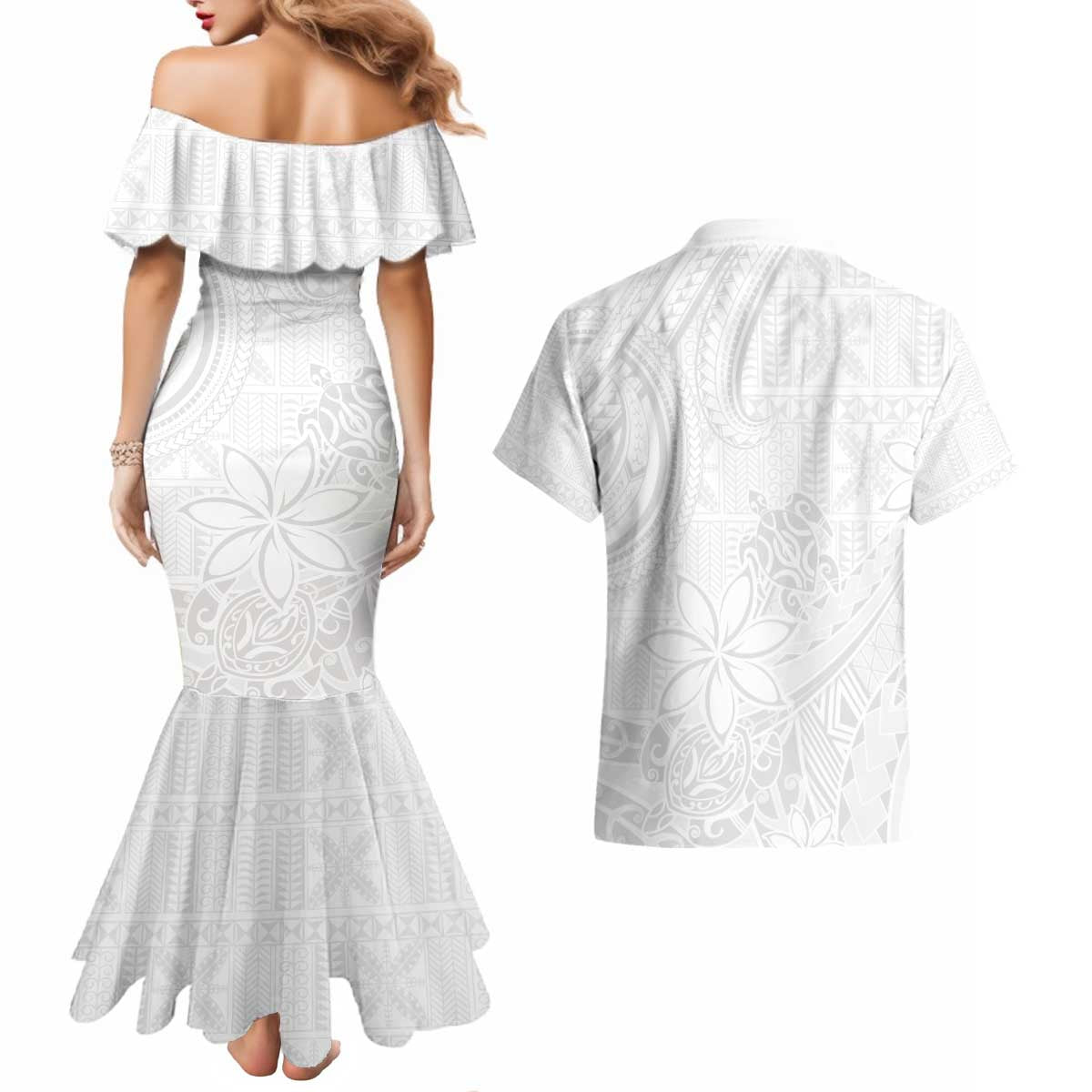 Tapu Fanau Ia Niue Couples Matching Mermaid Dress and Hawaiian Shirt Happy White Sunday Unique Hiapo LT14 - Polynesian Pride