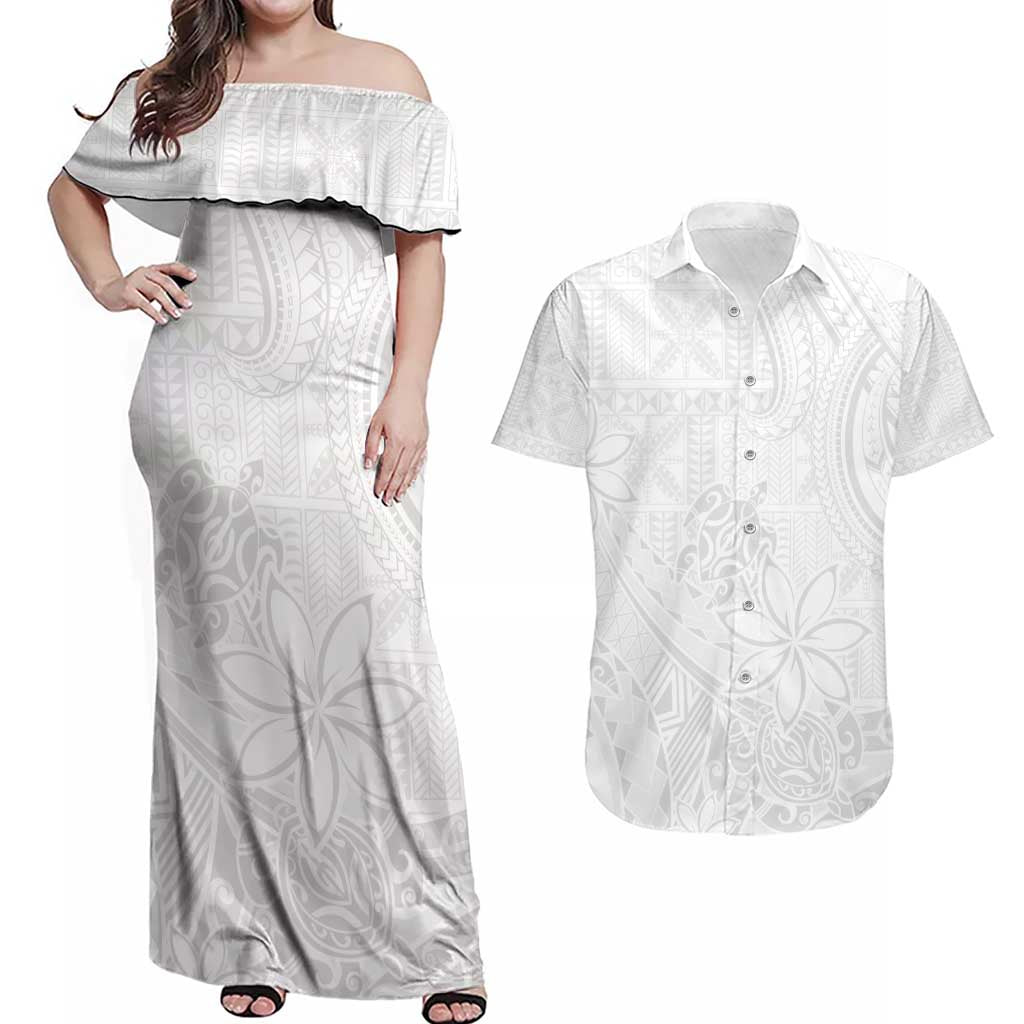 Tapu Fanau Ia Niue Couples Matching Off Shoulder Maxi Dress and Hawaiian Shirt Happy White Sunday Unique Hiapo LT14 White - Polynesian Pride