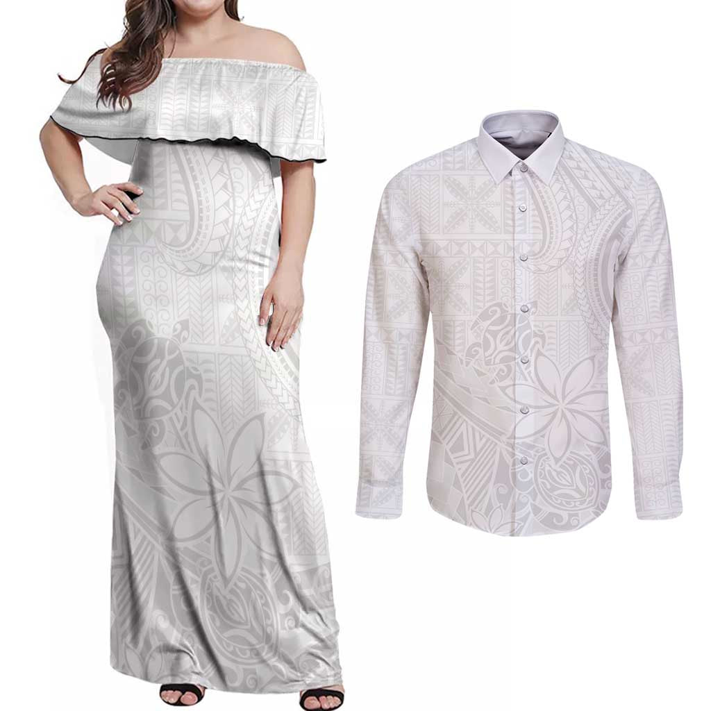 Tapu Fanau Ia Niue Couples Matching Off Shoulder Maxi Dress and Long Sleeve Button Shirt Happy White Sunday Unique Hiapo - Polynesian Pride