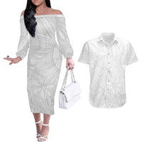 Tapu Fanau Ia Niue Couples Matching Off The Shoulder Long Sleeve Dress and Hawaiian Shirt Happy White Sunday Unique Hiapo LT14 White - Polynesian Pride