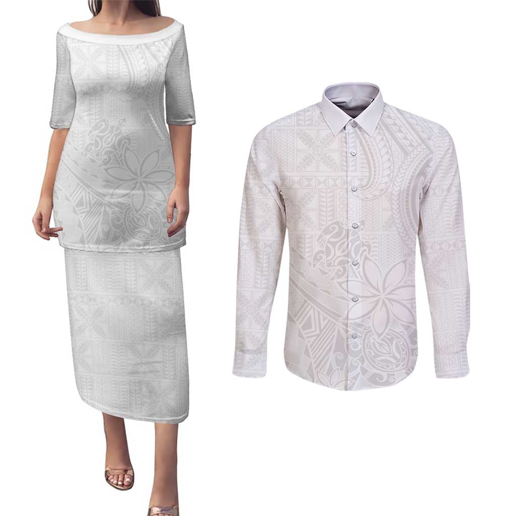Tapu Fanau Ia Niue Couples Matching Puletasi and Long Sleeve Button Shirt Happy White Sunday Unique Hiapo - Polynesian Pride