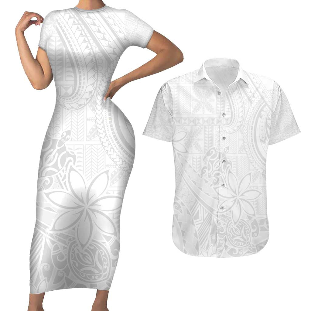 Tapu Fanau Ia Niue Couples Matching Short Sleeve Bodycon Dress and Hawaiian Shirt Happy White Sunday Unique Hiapo LT14 White - Polynesian Pride