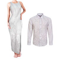 Tapu Fanau Ia Niue Couples Matching Tank Maxi Dress and Long Sleeve Button Shirt Happy White Sunday Unique Hiapo LT14 White - Polynesian Pride