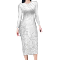 Tapu Fanau Ia Niue Family Matching Long Sleeve Bodycon Dress and Hawaiian Shirt Happy White Sunday Unique Hiapo LT14 Mom's Dress White - Polynesian Pride