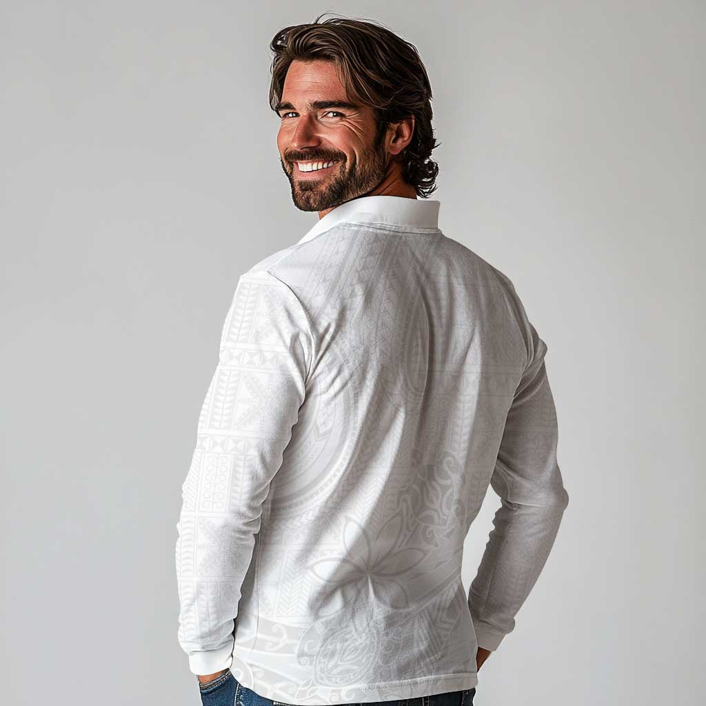 Tapu Fanau Ia Niue Long Sleeve Polo Shirt Happy White Sunday Unique Hiapo - Polynesian Pride