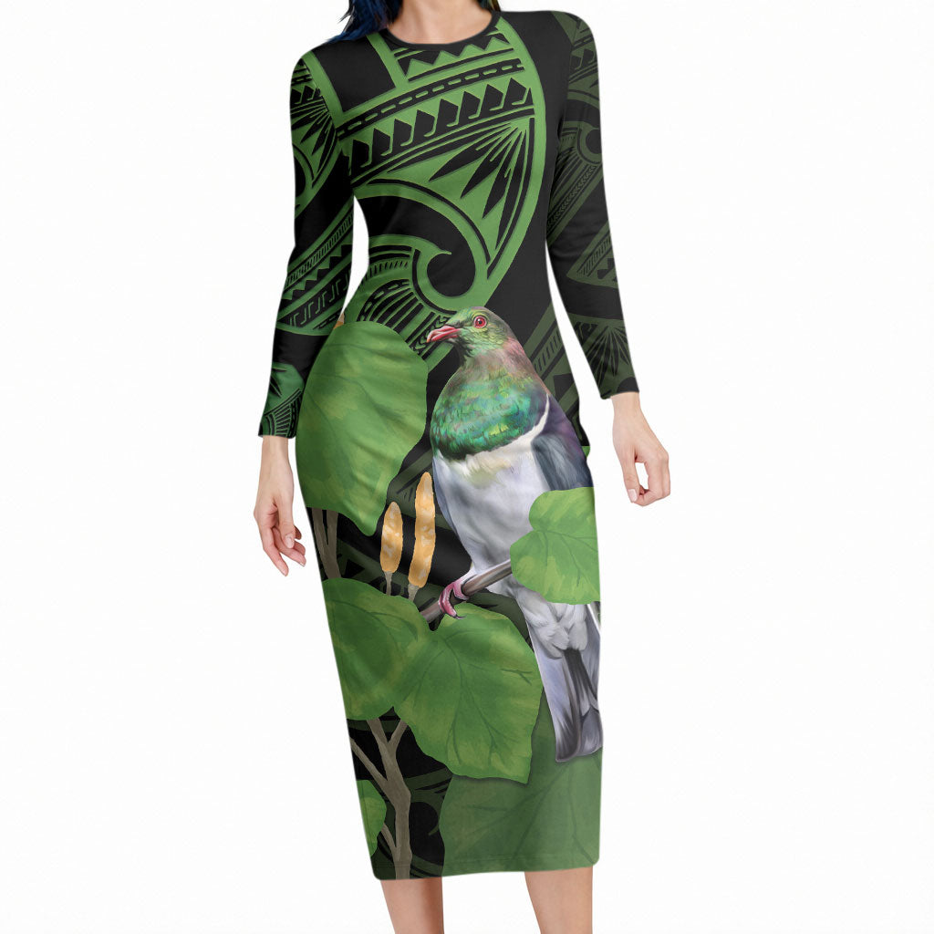 Kawakawa Rongoa Maori Kereru New Zealand Long Sleeve Bodycon Dress LT14 Long Dress Green - Polynesian Pride