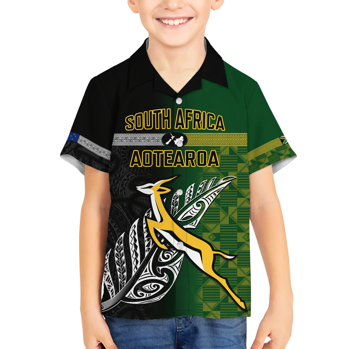Personalised New Zealand and South Africa Rugby Family Matching Off Shoulder Long Sleeve Dress and Hawaiian Shirt 2023 World Cup Final All Black Springboks Together LT14 Son's Shirt Black - Polynesian Pride