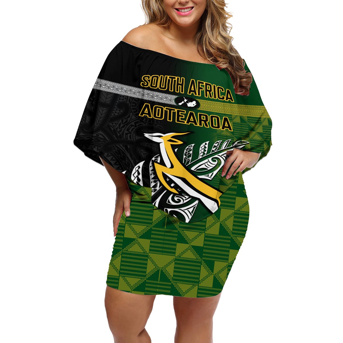 Personalised New Zealand and South Africa Rugby Off Shoulder Short Dress 2023 World Cup Final All Black Springboks Together LT14 Women Black - Polynesian Pride