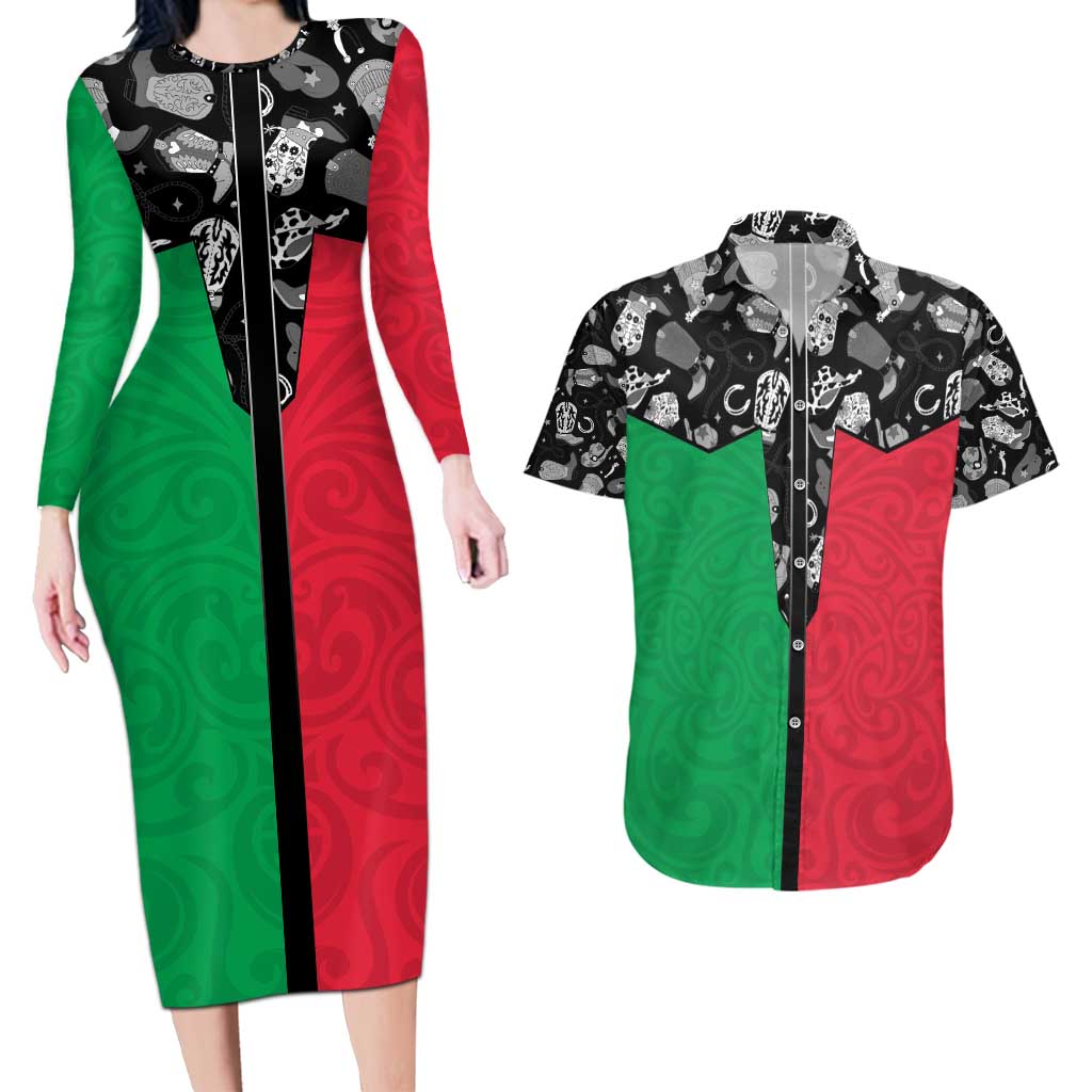 Vanuatu Cowboy Couples Matching Long Sleeve Bodycon Dress and Hawaiian Shirt Cowboy Symbols Split Stylized - Polynesian Pride