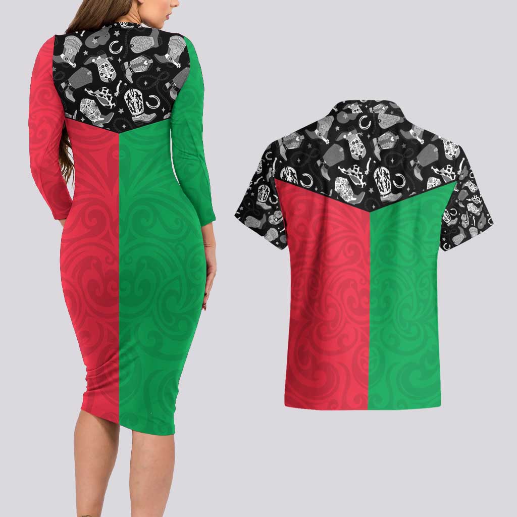 Vanuatu Cowboy Couples Matching Long Sleeve Bodycon Dress and Hawaiian Shirt Cowboy Symbols Split Stylized - Polynesian Pride