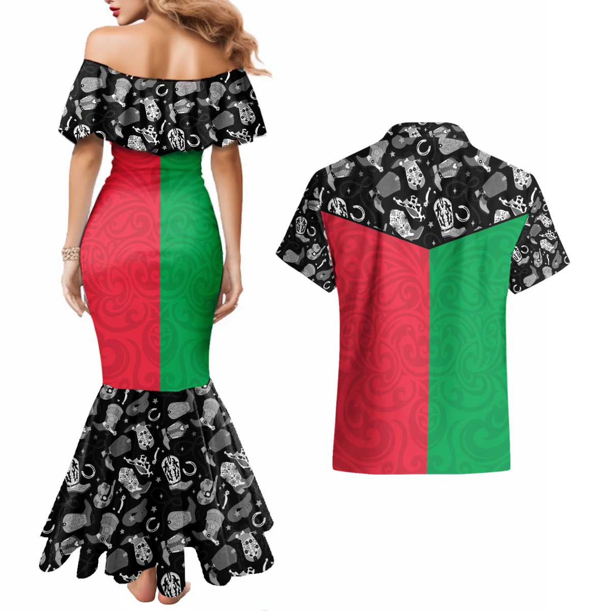 Vanuatu Cowboy Couples Matching Mermaid Dress and Hawaiian Shirt Cowboy Symbols Split Stylized - Polynesian Pride