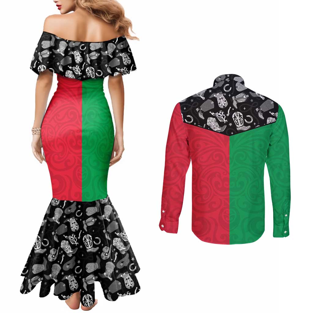 Vanuatu Cowboy Couples Matching Mermaid Dress and Long Sleeve Button Shirt Cowboy Symbols Split Stylized - Polynesian Pride