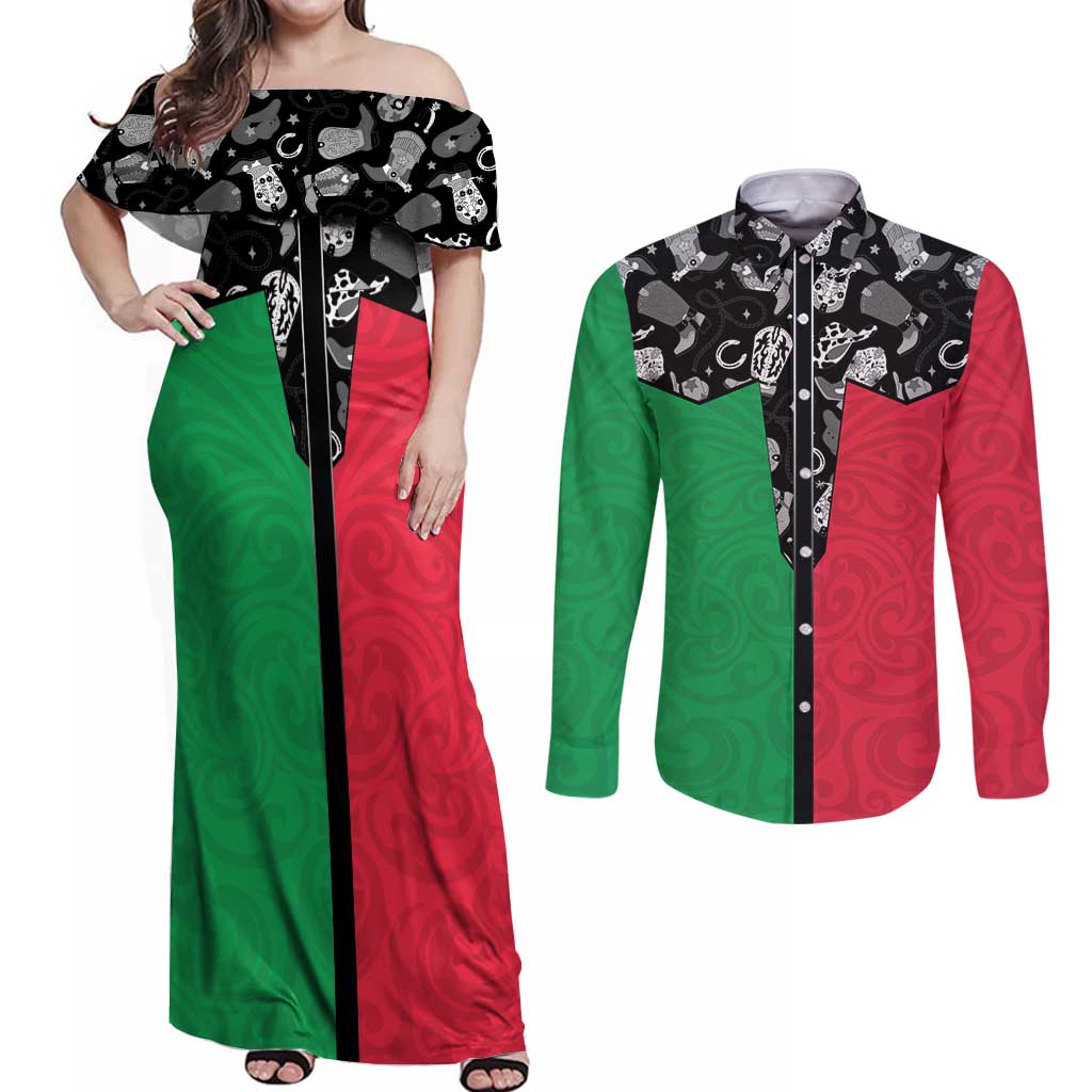 Vanuatu Cowboy Couples Matching Off Shoulder Maxi Dress and Long Sleeve Button Shirt Cowboy Symbols Split Stylized - Polynesian Pride