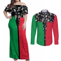 Vanuatu Cowboy Couples Matching Off Shoulder Maxi Dress and Long Sleeve Button Shirt Cowboy Symbols Split Stylized - Polynesian Pride