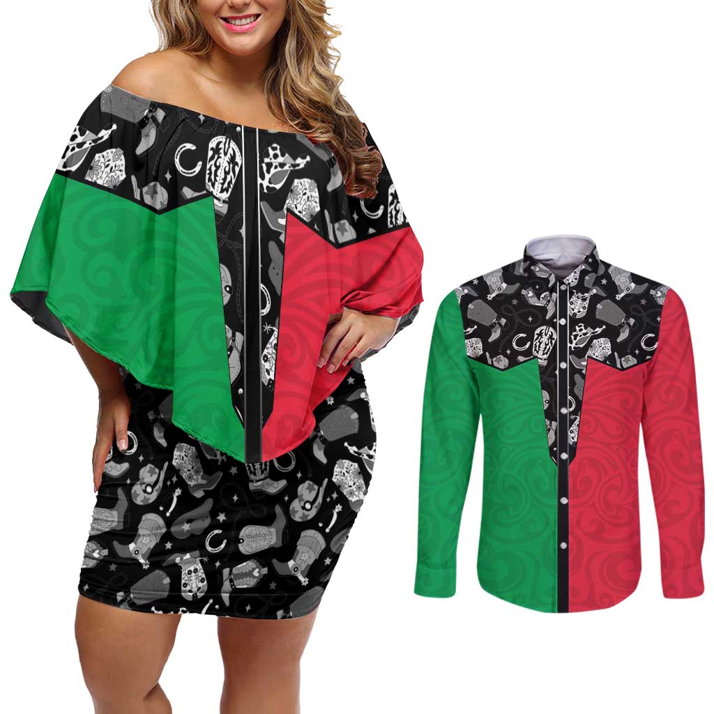 Vanuatu Cowboy Couples Matching Off Shoulder Short Dress and Long Sleeve Button Shirt Cowboy Symbols Split Stylized - Polynesian Pride