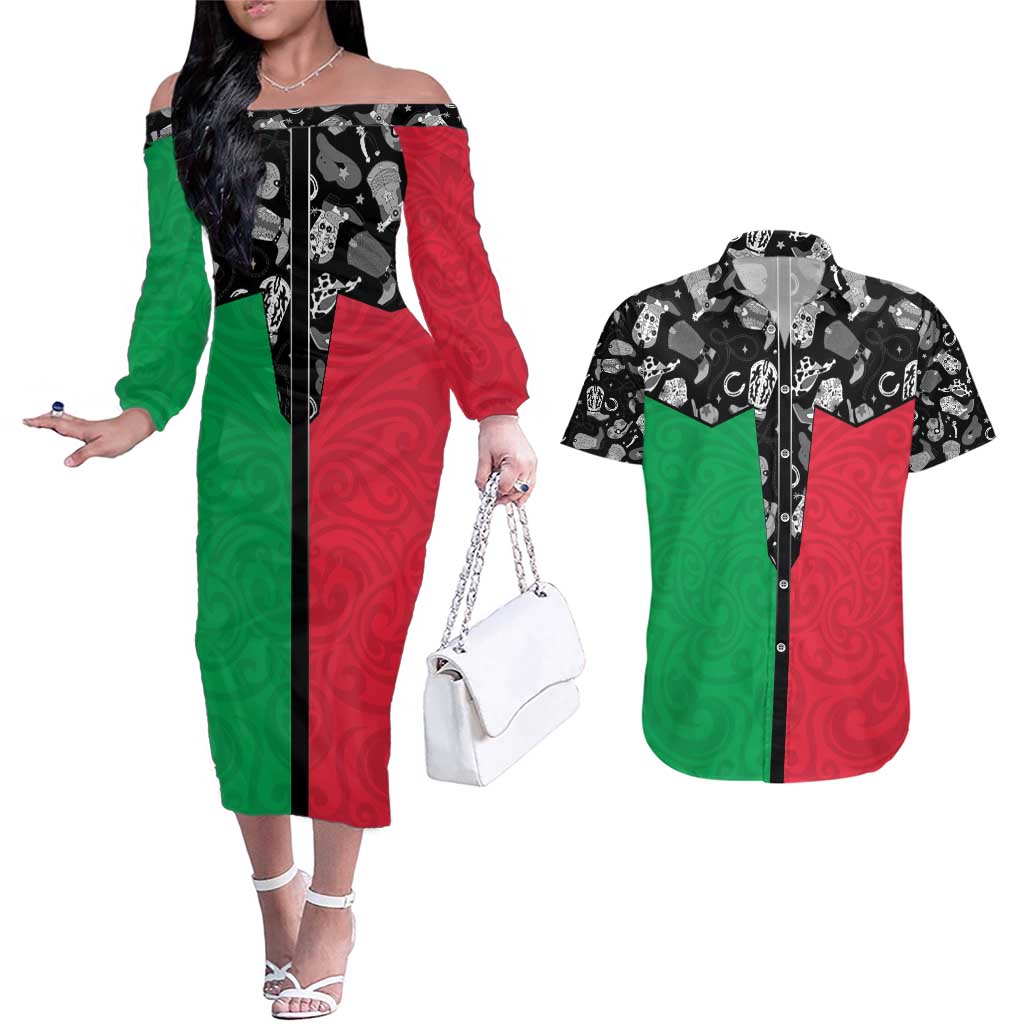 Vanuatu Cowboy Couples Matching Off The Shoulder Long Sleeve Dress and Hawaiian Shirt Cowboy Symbols Split Stylized - Polynesian Pride