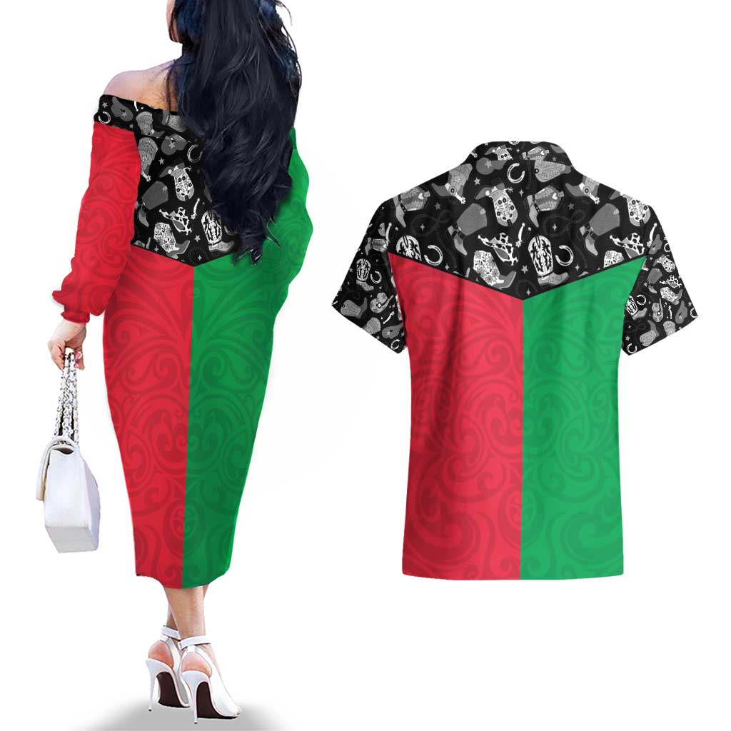 Vanuatu Cowboy Couples Matching Off The Shoulder Long Sleeve Dress and Hawaiian Shirt Cowboy Symbols Split Stylized - Polynesian Pride