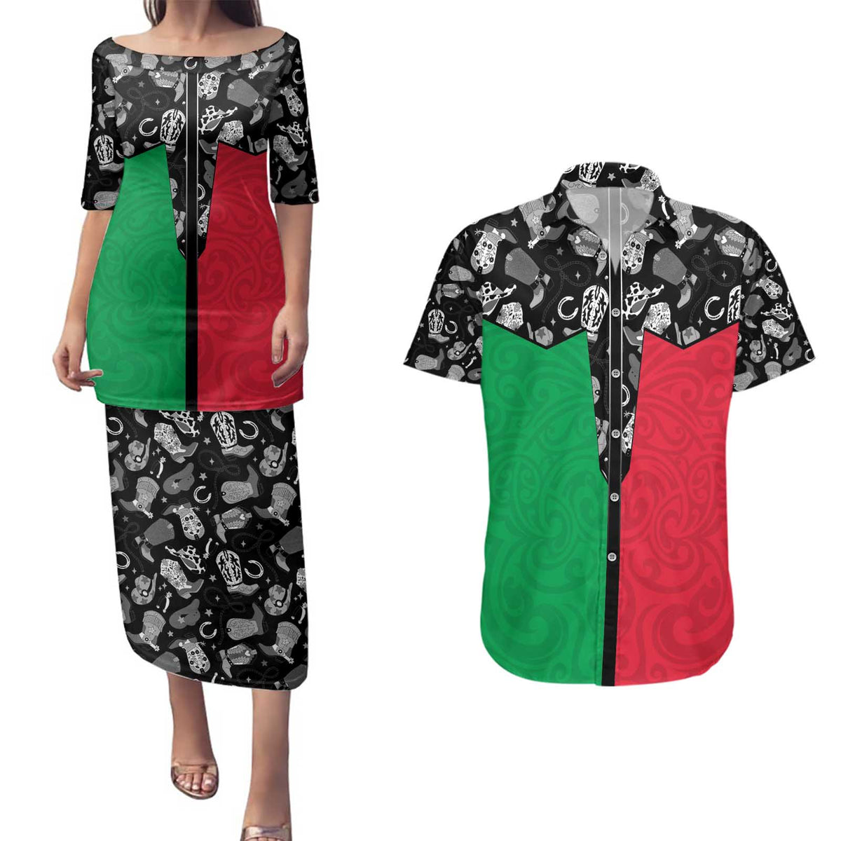 Vanuatu Cowboy Couples Matching Puletasi and Hawaiian Shirt Cowboy Symbols Split Stylized - Polynesian Pride