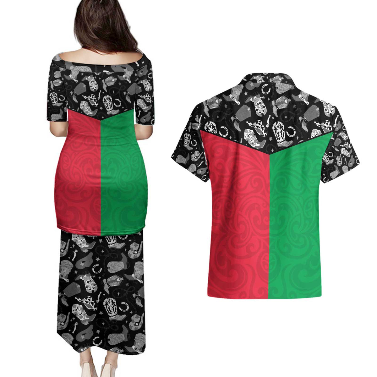 Vanuatu Cowboy Couples Matching Puletasi and Hawaiian Shirt Cowboy Symbols Split Stylized - Polynesian Pride