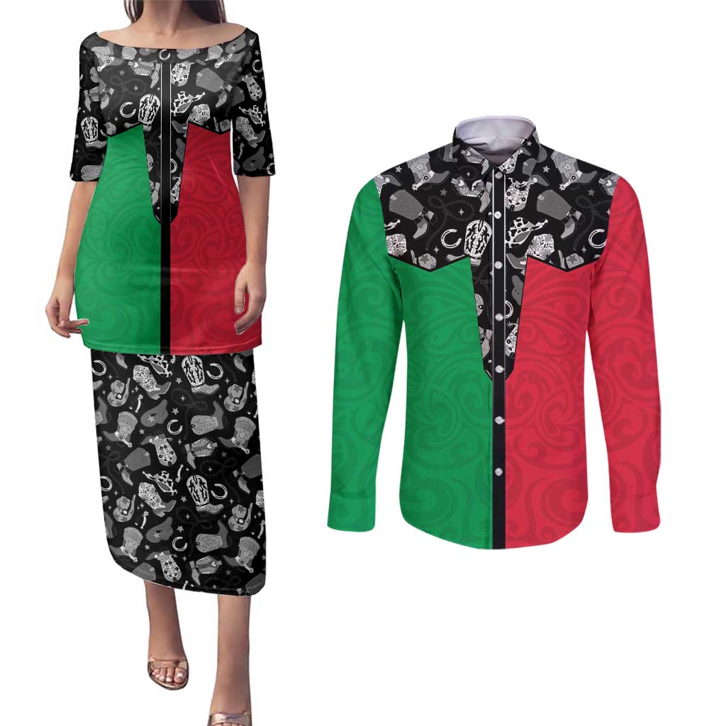 Vanuatu Cowboy Couples Matching Puletasi and Long Sleeve Button Shirt Cowboy Symbols Split Stylized - Polynesian Pride