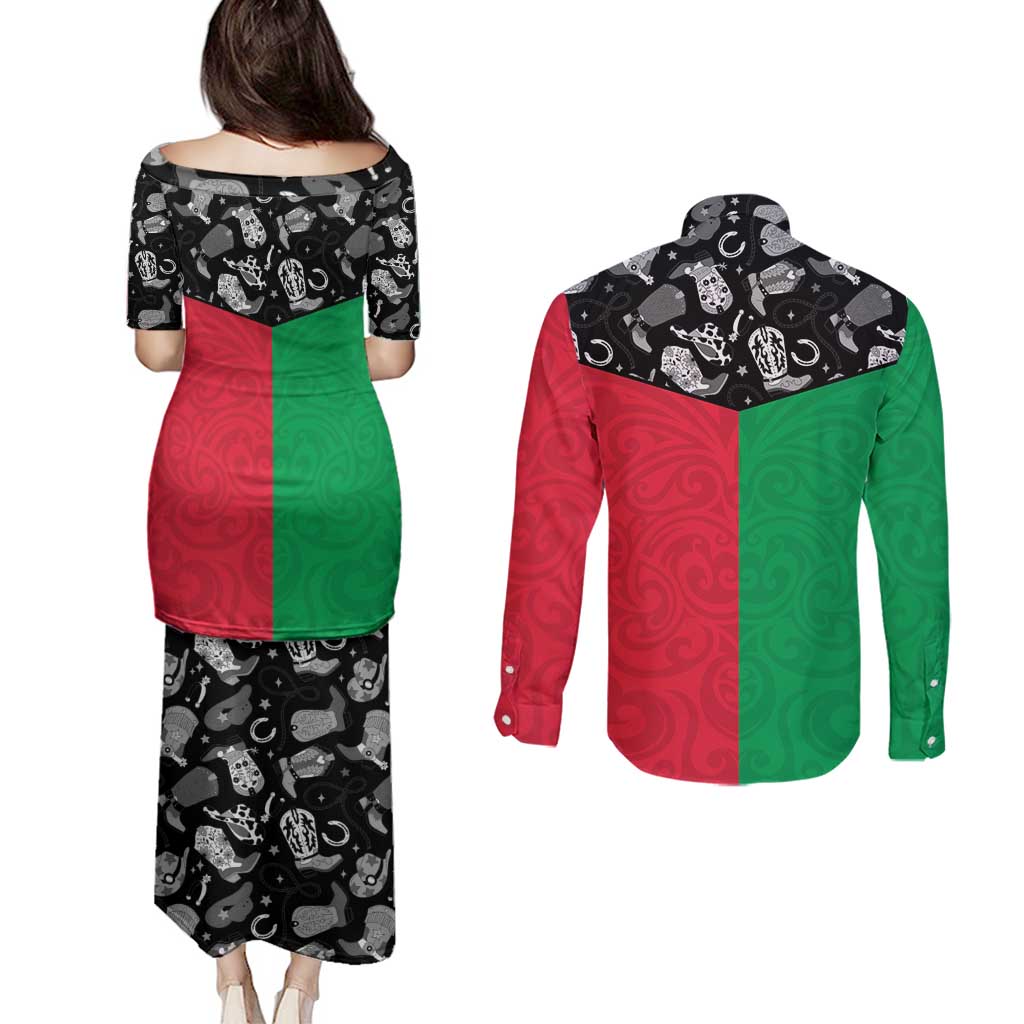 Vanuatu Cowboy Couples Matching Puletasi and Long Sleeve Button Shirt Cowboy Symbols Split Stylized - Polynesian Pride