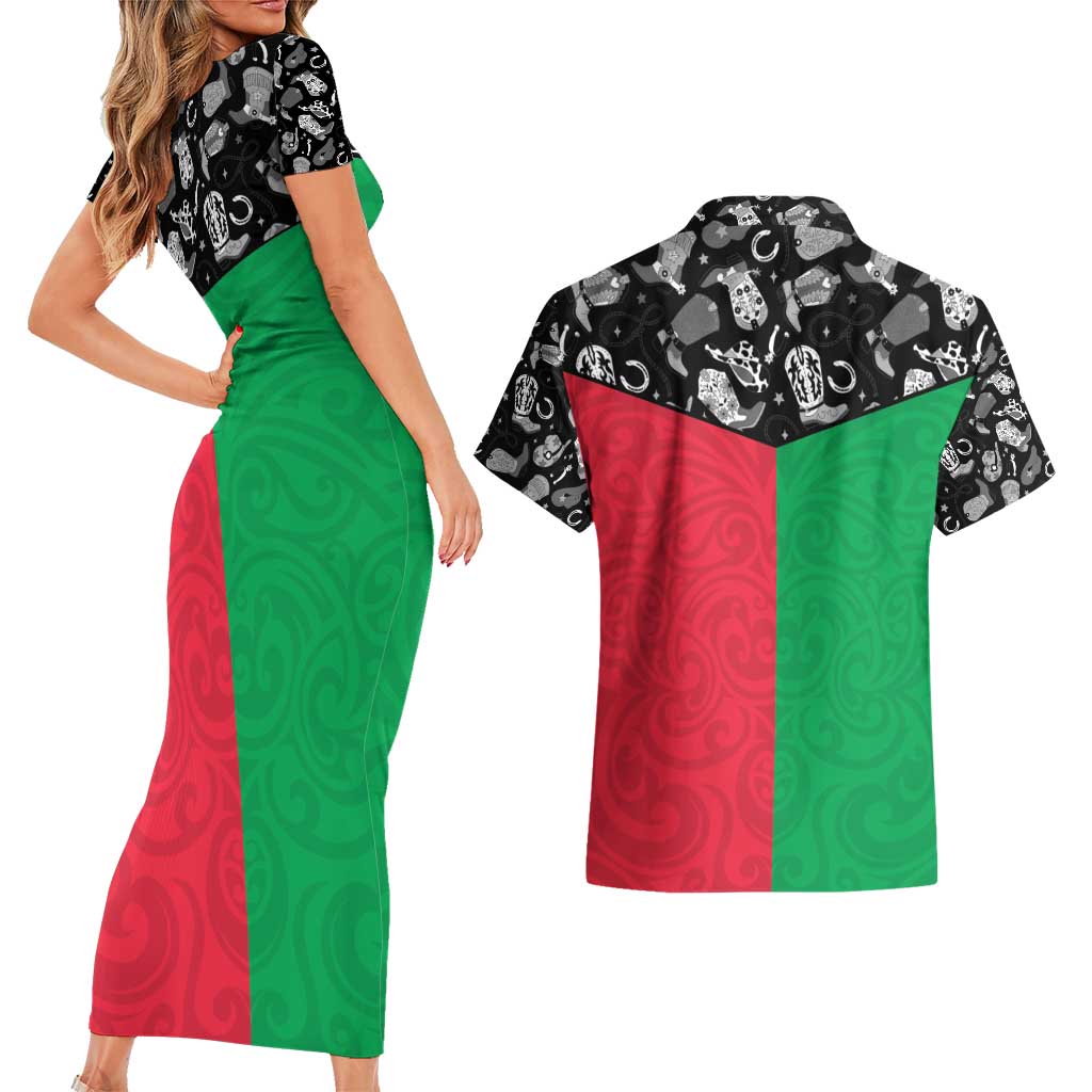 Vanuatu Cowboy Couples Matching Short Sleeve Bodycon Dress and Hawaiian Shirt Cowboy Symbols Split Stylized - Polynesian Pride
