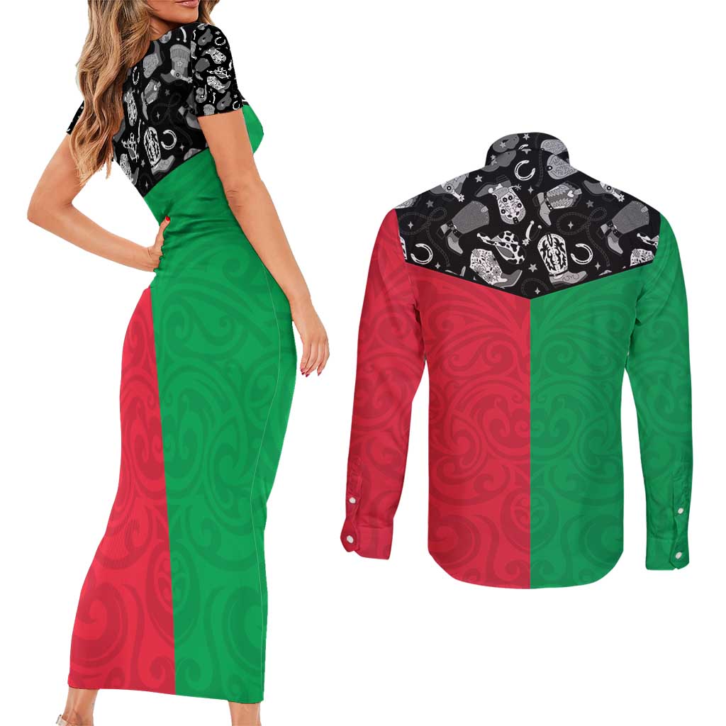 Vanuatu Cowboy Couples Matching Short Sleeve Bodycon Dress and Long Sleeve Button Shirt Cowboy Symbols Split Stylized - Polynesian Pride