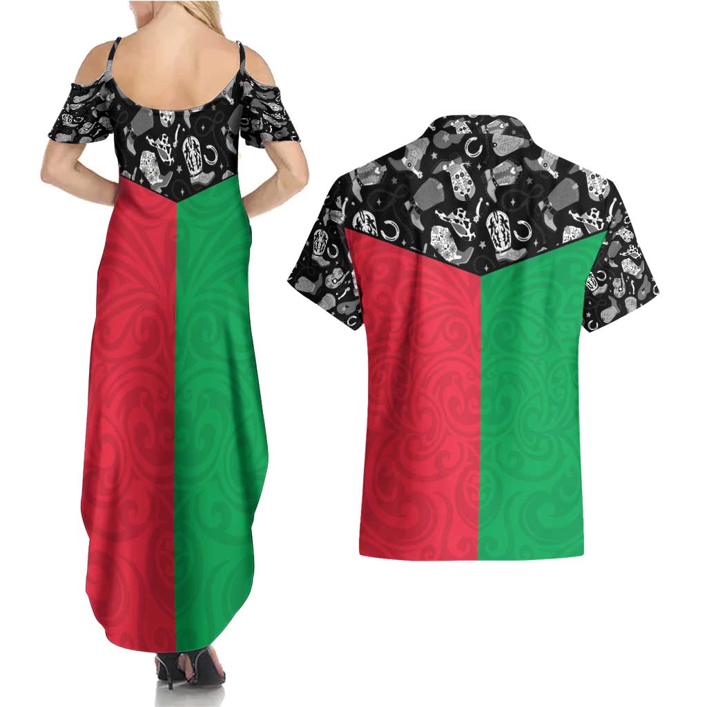 Vanuatu Cowboy Couples Matching Summer Maxi Dress and Hawaiian Shirt Cowboy Symbols Split Stylized - Polynesian Pride