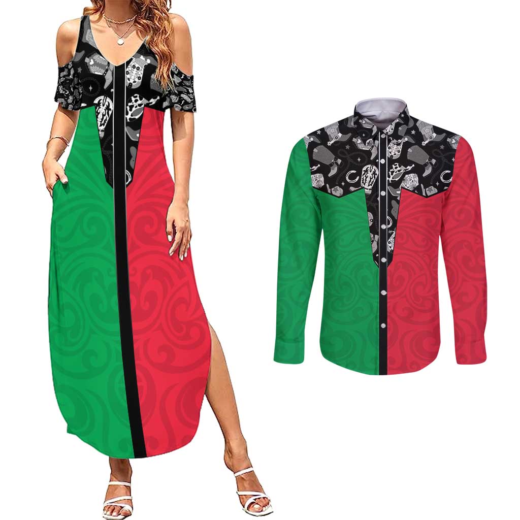 Vanuatu Cowboy Couples Matching Summer Maxi Dress and Long Sleeve Button Shirt Cowboy Symbols Split Stylized - Polynesian Pride