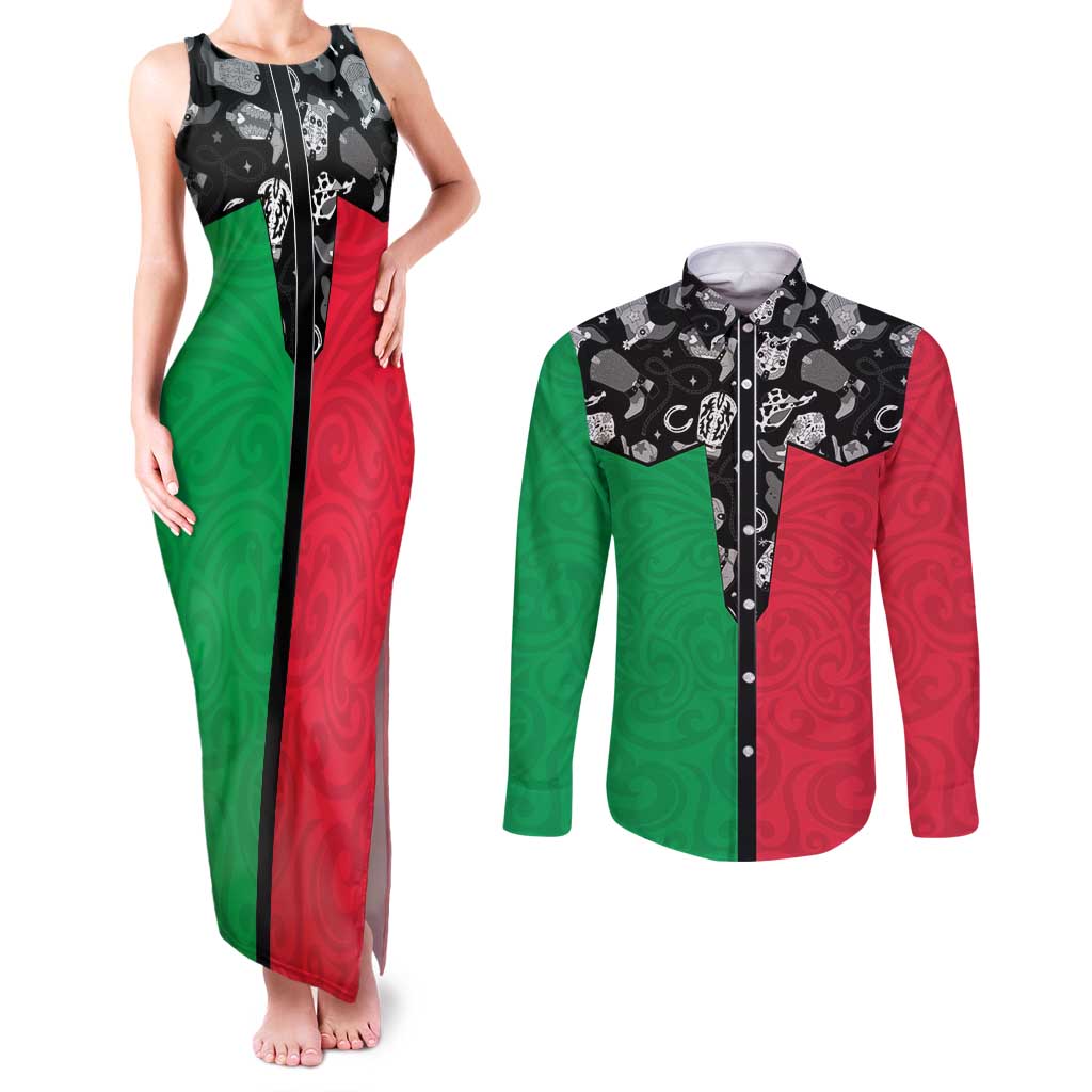Vanuatu Cowboy Couples Matching Tank Maxi Dress and Long Sleeve Button Shirt Cowboy Symbols Split Stylized - Polynesian Pride
