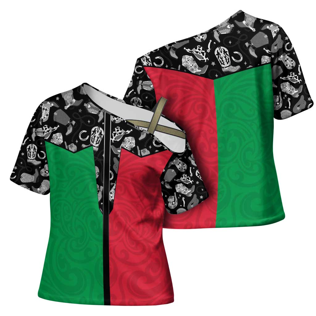 Vanuatu Cowboy Cross Shoulder Shirt Cowboy Symbols Split Stylized - Polynesian Pride
