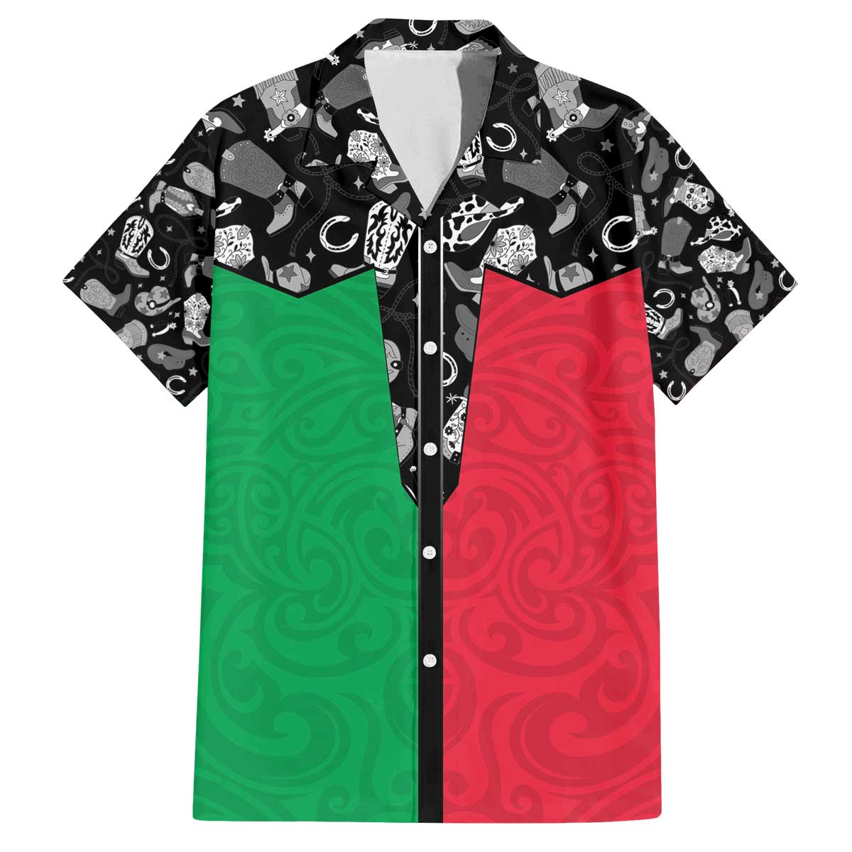 Vanuatu Cowboy Family Matching Off The Shoulder Long Sleeve Dress and Hawaiian Shirt Cowboy Symbols Split Stylized LT14 Dad's Shirt - Short Sleeve Green - Polynesian Pride