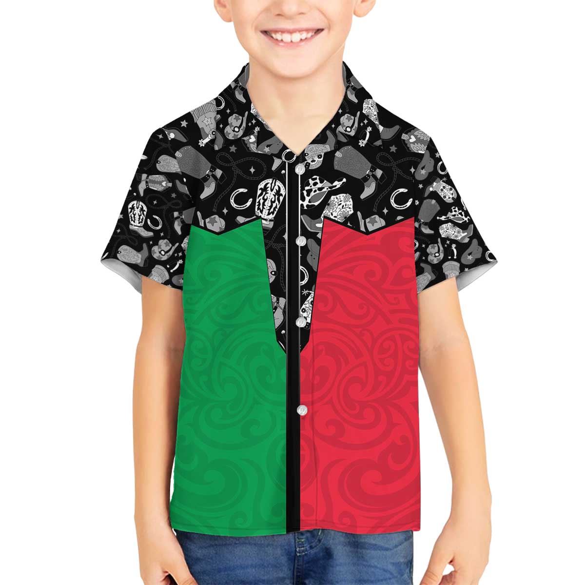 Vanuatu Cowboy Family Matching Off The Shoulder Long Sleeve Dress and Hawaiian Shirt Cowboy Symbols Split Stylized LT14 Son's Shirt Green - Polynesian Pride
